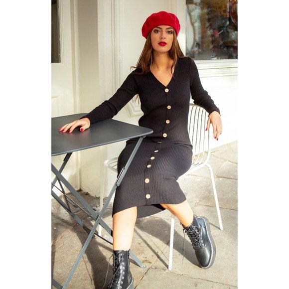 Sophia Knitted Long Sleeve Midi Dress with Buttons - Picture 2 of 7